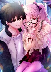 Rule 34 | 1boy, 1girl, absurdres, babydoll, black-framed eyewear, black hair, bow, dead apostle noel (tsukihime), glasses, hair bow, highres, jacket, long hair, long sleeves, looking at viewer, melty blood, melty blood: type lumina, mole, mole under mouth, open clothes, open jacket, pink bow, pink hair, red eyes, shimotsukishin, short hair, skirt, smile, sweater, tohno shiki, tsukihime, tsukihime (remake), white sweater