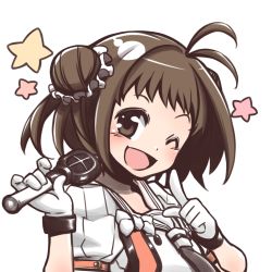 Rule 34 | 1girl, ;d, black neckerchief, blush, bow, brown eyes, brown hair, buttons, double bun, eyebrows, finger to face, gloves, hair bun, holding, holding microphone, index finger raised, kantai collection, microphone, naka (kancolle), naka kai ni (kancolle), neckerchief, one eye closed, open mouth, puffy short sleeves, puffy sleeves, raised eyebrows, rikuo (whace), sailor collar, school uniform, scrunchie, serafuku, short hair, short sleeves, simple background, smile, solo, star (symbol), tongue, upper body, white background, white bow, white gloves, white sailor collar, white scrunchie