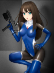Rule 34 | 10s, 1girl, :o, bodysuit, breasts, brown hair, covered erect nipples, covered navel, green eyes, gun, hand on own hip, hand up, highres, holding, holding gun, holding weapon, idolmaster, idolmaster cinderella girls, leotard, long hair, looking at viewer, machine pistol, medium breasts, multicolored clothes, on one knee, open mouth, samejima minoru, shadow, shibuya rin, shiny clothes, skin tight, solo, submachine gun, uzi, weapon
