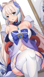 Rule 34 | 1girl, :d, arms behind back, blue eyes, blue hair, blush, bow-shaped hair, breasts, brooch, clothing cutout, colored tips, commentary, crossed legs, dutch angle, english commentary, genshin impact, highres, jewelry, large breasts, long hair, looking at viewer, multicolored hair, navel, navel cutout, open mouth, pink hair, purple thighhighs, sangonomiya kokomi, see-through, sheita, sitting, smile, solo, thighhighs