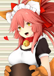 Rule 34 | 1girl, airdoor, animal ears, animal hands, apron, bell, blush, blush stickers, breasts, cleavage, collar, fangs, fate/grand order, fate (series), fox ears, fox tail, hair ribbon, heart, large breasts, long hair, looking at viewer, maid, maid apron, maid headdress, neck bell, open mouth, pink hair, ribbon, solo, tail, tamamo (fate), tamamo cat (fate), tamamo cat (second ascension) (fate), tamamo no mae (fate/extra), yellow eyes