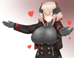 Rule 34 | 1girl, azur lane, black jacket, blonde hair, blush, breasts, closed mouth, commentary request, cross, gloves, gradient background, grey gloves, grey shirt, hair between eyes, headgear, heart, highres, incoming hug, iron cross, jacket, large breasts, medium hair, multicolored hair, outstretched arms, red hair, roon (azur lane), shirt, simple background, smile, solo, streaked hair, upper body, white background, xiao (gensou8953)