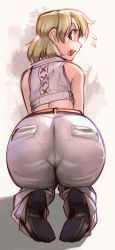 Rule 34 | 1girl, ashley graham, ass, bare shoulders, belt, blonde hair, blush, from behind, kneeling, looking at viewer, looking back, open mouth, pants, pantylines, resident evil, resident evil 4, shoes, short hair, sleeveless, solo, vest, wamudraws, white pants
