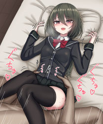 Rule 34 | 1boy, 1girl, black jacket, black thighhighs, blazer, blush, bow, bowtie, clothed female nude male, clothed sex, green hair, hair between eyes, heart, hetero, highres, jacket, long hair, long sleeves, lying, missionary, nude, on back, open mouth, original, penis, red eyes, red neckwear, school uniform, sex, skirt, solo focus, thighhighs, torso grab, vaginal, yakob labo