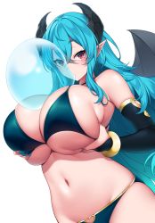 Rule 34 | 1girl, :o, absurdres, bikini, blue bikini, blue hair, bracelet, breast hold, breasts squeezed together, breasts, chewing gum, cleavage, clothing cutout, curvy, demon girl, demon horns, demon wings, elbow gloves, gloves, hands on own chest, heart cutout, highres, horns, huge breasts, jewelry, long hair, looking at viewer, nail polish, navel, original, pointy ears, red eyes, simple background, skindentation, solo, suruga (xsurugax), swimsuit, underboob, white background, wings