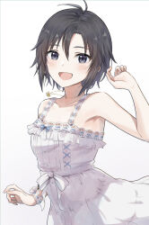 Rule 34 | 1girl, antenna hair, arm up, bare shoulders, black hair, butterfly necklace, collarbone, dress, grey eyes, idolmaster, idolmaster (classic), idolmaster million live!, idolmaster million live! theater days, jewelry, kikuchi makoto, lace, lace-trimmed dress, lace trim, looking at viewer, messy hair, mogskg, necklace, short hair, single wrist cuff, smile, solo, upper body, white background, white dress, wrist cuffs