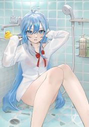 Rule 34 | 1girl, ahoge, bare legs, barefoot, bathroom, bathtub, bird, blue eyes, blue hair, blue nails, bottomless, bra, breasts, collarbone, denpa onna to seishun otoko, drain (object), duck, feet out of frame, hair between eyes, hands in hair, hands up, knees together feet apart, knees up, long hair, looking at viewer, loose necktie, mi8pq, nail polish, neckerchief, necktie, no pants, on ground, red bra, red neckwear, rubber duck, see-through, shampoo bottle, shirt, shower head, sitting, small breasts, solo, tile floor, tile wall, tiles, touwa erio, underwear, very long hair, water, wet, wet clothes, wet shirt, white shirt