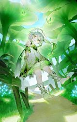 Rule 34 | 1girl, bloomers, bracelet, cape, child, crystalfly (genshin impact), detached sleeves, dress, genshin impact, gradient hair, green cape, green eyes, green hair, hair ornament, haragaita i, highres, jewelry, leaf hair ornament, long hair, looking at viewer, multicolored hair, nahida (genshin impact), outdoors, pointy ears, side ponytail, smile, solo, toeless footwear, underwear, white bloomers, white dress, white footwear, white hair