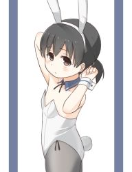 Rule 34 | 1girl, alternate costume, animal ears, black hair, blush, brown eyes, closed mouth, detached sleeves, fake animal ears, flat chest, grey pantyhose, hiburi (kancolle), highres, kantai collection, leotard, low ponytail, pantyhose, playboy bunny, ponytail, rabbit ears, rabbit tail, simple background, soba (sobaya1938), solo, tail, two-tone background, white leotard, wrist cuffs
