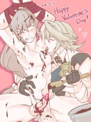 Rule 34 | 10s, 2016, 2boys, armor, arms up, blush, body chocolate, bound, bound arms, censored, chocolate, chocolate on body, chocolate on face, chocolate on penis, closed eyes, corrin (fire emblem), corrin (male) (fire emblem), dated, fire emblem, fire emblem fates, food, food on body, food on face, fundoshi, heart, heart censor, hug, hypertrampo, japanese clothes, licking, licking armpit, licking nipple, long hair, looking down, male focus, multiple boys, navel, nintendo, nipple stimulation, nipples, nude, one eye closed, penis, pink background, simple background, spread legs, takumi (fire emblem), valentine, waist hug, yaoi