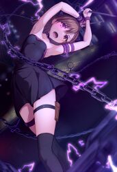 Rule 34 | 1girl, armlet, armpits, arms up, black dress, black socks, bob cut, bracelet, breasts, brown hair, building, chain, choker, city, collarbone, commentary, commission, cosplay, crossover, dress, electricity, electrokinesis, falling, fate/stay night, fate (series), female focus, from above, glowing, glowing eye, heterochromia, highres, holding, holding weapon, jewelry, k3rd, kneehighs, looking at viewer, medusa (fate), medusa (rider) (fate), medusa (rider) (fate) (cosplay), misaka mikoto, nameless dagger (fate), night, open mouth, perspective, pouch, purple choker, purple eyes, short dress, short hair, shouting, skyscraper, small breasts, socks, solo, spikes, strapless, strapless dress, swept bangs, symbol-only commentary, thigh strap, thighs, toaru kagaku no railgun, toaru majutsu no index, weapon