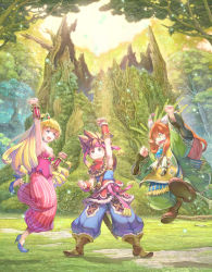 Rule 34 | 1boy, 1girl, 1other, androgynous, baggy pants, bare shoulders, blonde hair, blue eyes, blue footwear, bracer, breasts, brown footwear, capelet, clenched hands, day, earrings, facepaint, feather hair ornament, feathers, fist bump, flipped hair, forest, full body, green eyes, haccan, hair ornament, harem pants, headband, high heels, highres, hoop earrings, jewelry, jumping, leotard, long hair, mana tree, medium breasts, nature, official art, orange hair, pants, pink leotard, pointy ears, pointy footwear, ponytail, popoi (seiken densetsu 2), primm (seiken densetsu 2), randi (seiken densetsu 2), robe, seiken densetsu, seiken densetsu 2, shoes, spiked hair, square enix, strapless, strapless leotard, striped, vertical stripes, wide sleeves