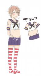 Rule 34 | 1boy, arms behind back, blue eyes, blush, brown hair, character print, collagen, cosplay, flying sweatdrops, full body, kantai collection, looking at viewer, male focus, original, sailor collar, shimakaze (kancolle), shimakaze (kancolle) (cosplay), shirt, short hair, simple background, smile, solo, striped clothes, striped thighhighs, sweatdrop, t-shirt, thighhighs, thong, trap, white background