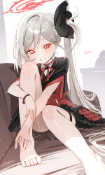 Rule 34 | 1girl, barefoot, blue archive, feet, grey hair, haruri, highres, legs, looking at viewer, mutsuki (blue archive), red eyes, side ponytail, smile, solo, toes