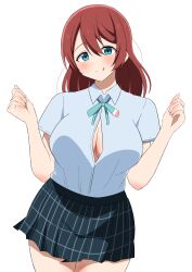 Rule 34 | 1girl, absurdres, alternate hairstyle, aqua eyes, blush, breasts, brown hair, cleavage, closed mouth, emma verde, freckles, goa1126, hair down, highres, large breasts, licking lips, long hair, looking at viewer, love live!, love live! nijigasaki high school idol club, nijigasaki academy school uniform, open clothes, open shirt, school uniform, simple background, skirt, smile, solo, standing, tongue, tongue out, white background