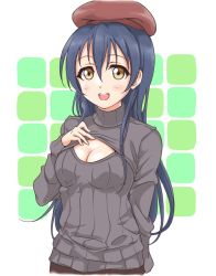 Rule 34 | 10s, 1girl, blue hair, blush, breasts, cleavage, cleavage cutout, clothing cutout, long hair, love live!, love live! school idol festival, love live! school idol project, meme attire, open-chest sweater, ribbed sweater, smile, solo, sonoda umi, sweater, tetopetesone, yellow eyes
