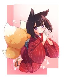 Rule 34 | 1girl, animal ears, black hair, blush, borrowed character, brown footwear, closed mouth, commentary request, done (donezumi), fox ears, fox girl, fox tail, full body, geta, highres, japanese clothes, kimono, kitsune, kukuri (mawaru), long sleeves, looking at viewer, original, purple eyes, red kimono, smile, solo, steepled fingers, striped clothes, striped kimono, tail, vertical-striped clothes, vertical-striped kimono, wide sleeves