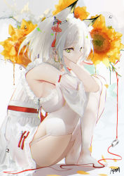 Rule 34 | 1girl, absurdres, animal ears, arknights, bare shoulders, breasts, commentary, detached sleeves, dress, extra ears, flower, frilled dress, frills, garter straps, green eyes, hair ornament, hand on own face, highres, kal&#039;tsit (arknights), large breasts, looking at viewer, omone hokoma agm, profile, see-through, see-through sleeves, short dress, short hair, sidelocks, signature, sitting, sleeveless, sleeveless dress, solo, thighhighs, thighs, white dress, white hair, white thighhighs