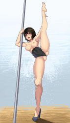 Rule 34 | 1girl, :d, alternate breast size, amagami, armpits, ass, bare legs, barefoot, bikini pull, black footwear, black hair, black one-piece swimsuit, blush, bob cut, breasts, brown eyes, clothes pull, collarbone, colored eyelashes, competition swimsuit, covered navel, eyelashes, female focus, flexible, full body, gradient background, grey background, hair between eyes, high heels, highres, leg lift, leg up, medium breasts, nail polish, nanasaki ai, nipples, one-piece swimsuit, open mouth, pinky out, pole, pole dancing, school swimsuit, shade, shadow, shoes, short hair, simple background, single shoe, skin tight, smile, solo, spread legs, standing, standing on one leg, stripper pole, swimsuit, the golden smurf, thighs, toned, topless, white background, white nails
