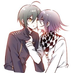 Rule 34 | 2boys, ahoge, alternate hair color, black hair, brown eyes, buttons, checkered clothes, checkered neckwear, checkered scarf, clothes grab, clothes pull, commentary request, cropped torso, danganronpa (series), danganronpa v3: killing harmony, double-breasted, green hair, jacket, jacket grab, jacket pull, licking tears, long sleeves, looking at another, looking at viewer, looking back, male focus, multiple boys, oma kokichi, open mouth, purple hair, qiao xing, saihara shuichi, scarf, simple background, tongue, tongue out, white background, white jacket, yaoi, yellow eyes
