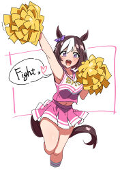 Rule 34 | 1girl, alternate costume, animal ears, arm up, armpits, breasts, brown hair, cheerleader, collarbone, durindana 7, english text, hair between eyes, hair ornament, highres, horse ears, horse tail, leg up, looking at viewer, medium breasts, medium hair, open mouth, pom pom (cheerleading), simple background, solo, special week (umamusume), tail, umamusume, umamusume (anime), white background