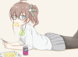 Rule 34 | 1girl, ahoge, bespectacled, blue eyes, breasts, brown hair, can, chips (food), drink can, fanta, food, food in mouth, glasses, graphite (medium), hair ribbon, highres, hololive, looking at viewer, lying, natsuiro matsuri, on stomach, pantyhose, phone, ribbon, school uniform, side ponytail, simple background, soda can, solo, toratora (nanahaba), traditional media, virtual youtuber