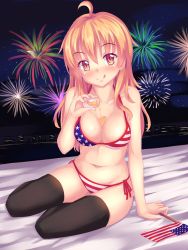 Rule 34 | 1girl, :q, aerial fireworks, ahoge, american flag, american flag bikini, american flag print, arm at side, bare arms, bare shoulders, bed sheet, bikini, black thighhighs, blonde hair, blush, breasts, bust cup, cityscape, closed mouth, collarbone, cup, drinking glass, eyebrows, fireworks, flag print, full body, halterneck, head tilt, highres, holding, holding cup, long hair, medium breasts, navel, night, night sky, nose blush, nottytiffy, orange eyes, original, print bikini, red eyes, red ribbon, ribbon, side-tie bikini bottom, sitting, sky, slit pupils, smile, solo, spilling, star (sky), starry sky, stomach, string bikini, striped bikini, striped clothes, swimsuit, thighhighs, tiffy (nottytiffy), tongue, tongue out, very long hair, yokozuwari