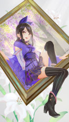 Rule 34 | 1girl, :d, asymmetrical legwear, black footwear, black hair, black legwear, blue ribbon, boots, brown eyes, commentary request, detached sleeves, flower, full body, grey background, hair ornament, hair ribbon, hairclip, high heel boots, high heels, highres, japanese clothes, kimono, knee up, long hair, long sleeves, looking at viewer, mismatched legwear, obi, open mouth, original, outside border, picture frame, purple kimono, purple sleeves, ribbon, saraki, sash, short sleeves, signature, sitting, smile, solo, striped clothes, striped legwear, striped thighhighs, teeth, thighhighs, through medium, through painting, upper teeth only, vertical-striped clothes, vertical-striped legwear, vertical-striped thighhighs, white flower, wide sleeves