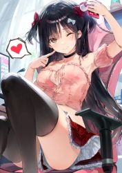 Rule 34 | 1girl, arm up, armpits, ass, bare shoulders, black choker, black hair, black thighhighs, bow, breasts, brown eyes, cellphone, chair, choker, cleavage, collarbone, commentary request, crop top, detached sleeves, dsmile, frilled skirt, frills, hair bow, heart, holding, knees up, long hair, looking at viewer, medium breasts, midriff, miniskirt, office chair, one eye closed, original, phone, pink shirt, red skirt, selfie, shirt, sidelocks, sitting, skirt, smile, solo, spaghetti strap, spoken heart, swivel chair, thighhighs, thighs, two side up