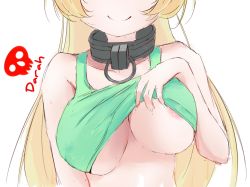 Rule 34 | 10s, 1girl, areola slip, artist name, bare shoulders, blonde hair, breasts, closed mouth, collar, darah, elf, head out of frame, huge breasts, isekai maou to shoukan shoujo no dorei majutsu, lifted by self, long hair, metal collar, no bra, pointy ears, shera l. greenwood, simple background, sketch, smile, solo, standing, tank top, underboob, upper body, white background