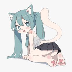 1girl animal_ear_fluff animal_ears aqua_eyes aqua_hair aqua_necktie black_skirt cat_ears cat_girl cat_tail female_focus full_body furrification furry furry_female hatsune_miku long_hair looking_at_viewer miniskirt necktie number_tattoo open_mouth panties pantyshot pawpads pleated_skirt qtkat seiza shirt shoulder_tattoo simple_background sitting skirt sleeveless smile soles solo striped_clothes striped_panties tail tail_raised tattoo thighs twintails underwear very_long_hair vocaloid white_background white_shirt