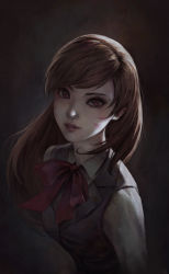 Rule 34 | 1girl, absurdres, backlighting, bow, bowtie, brown eyes, brown hair, collared shirt, d.va (overwatch), facepaint, facial mark, grey background, highres, light smile, lips, long hair, long sleeves, looking at viewer, nat vitchayed, nose, office lady, overwatch, overwatch 1, parted lips, pink lips, shirt, solo, swept bangs, upper body, vest, whisker markings, white shirt