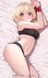 Rule 34 | 1girl, baobei (baobei bu), bare shoulders, bed sheet, black panties, black sports bra, blonde hair, blush, bound, bound wrists, breasts, commentary, genshin impact, grin, hair between eyes, highres, large breasts, looking at viewer, lumine (genshin impact), lying, navel, on side, panties, short hair with long locks, smile, solo, sports bra, symbol-only commentary, underwear, yellow eyes