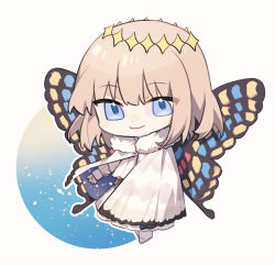 Rule 34 | 1boy, arthropod boy, blue eyes, blush stickers, butterfly wings, chibi, chinese commentary, cloak, closed mouth, commentary request, crown, diamond hairband, fate/grand order, fate (series), frilled sleeves, frills, full body, fur-trimmed cloak, fur collar, fur trim, idass (idass16), insect wings, long sleeves, looking at viewer, male focus, medium hair, multicolored wings, oberon (fate), official alternate costume, smile, solo, white cloak, white footwear, white hair, wings