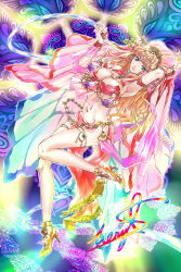 Rule 34 | blonde hair, blue eyes, breasts, character signature, commentary request, floating, highres, macross, macross frontier, mi ryuto, midriff, miruhito (sakiomiruhito), multicolored hair, sheryl nome, signature