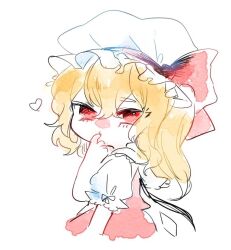 Rule 34 | 1girl, black wings, blonde hair, blush, bow, collared shirt, crystal wings, eyelashes, finger in own mouth, flandre scarlet, frilled headwear, frilled shirt collar, frilled sleeves, frills, from side, hair down, hat, hat bow, heart, long hair, looking at viewer, mob cap, nose blush, puffy short sleeves, puffy sleeves, red bow, red eyes, red vest, shirt, short sleeves, simple background, sketch, sleeve bow, solo, suzune hapinesu, touhou, upper body, vest, white background, white bow, white hat, white shirt, white sleeves, wings
