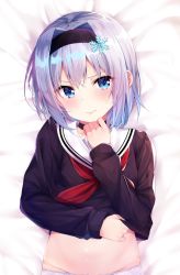 Rule 34 | 10s, 1girl, bed sheet, black choker, black neckerchief, black serafuku, black shirt, blue eyes, blush, choker, closed eyes, closed mouth, clothes lift, commentary request, eyes visible through hair, from side, groin, hair ornament, hairband, head tilt, highres, lifting own clothes, lips, long sleeves, looking at viewer, lying, neckerchief, no pants, on back, on bed, panties, panty peek, red neckerchief, rouka (akatyann), ryuuou no oshigoto!, sailor collar, school uniform, serafuku, shirt, shirt lift, short hair, silver hair, smile, snowflake hair ornament, snowflakes, solo, sora ginko, underwear, upper body, v-shaped eyebrows, white neckerchief, white panties, white sailor collar