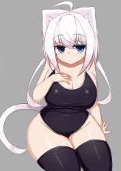 Rule 34 | 1girl, ahoge, animal ears, black one-piece swimsuit, blue eyes, blush, breasts, cat girl, cleavage, felt whitesnow, grey background, hand on own chest, highres, large breasts, long hair, looking at viewer, one-piece swimsuit, original, plump, sawati, sitting, skindentation, solo, swimsuit, tail, thick thighs, thighhighs, thighs, tight clothes, white hair, wide hips