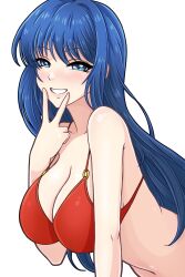 Rule 34 | 1girl, alternate costume, bare shoulders, bikini, blue eyes, blue hair, breasts, caeda (fire emblem), cleavage, commentary request, fire emblem, fire emblem: shadow dragon and the blade of light, grin, hand up, highres, large breasts, long hair, looking at viewer, navel, nintendo, nirainini, red bikini, simple background, smile, solo, stomach, swimsuit, upper body, v, very long hair, white background