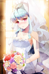 Rule 34 | 1girl, armpits, bare shoulders, blue hair, blush, bouquet, breasts, cleavage, dress, flower, gilse, gloves, grin, holding, jewelry, linus falco, long hair, lowres, necklace, open mouth, ponytail, red eyes, rose, smile, solo, strapless, sword girls, tiara, veil, veins, very long hair, wavy hair, wedding dress