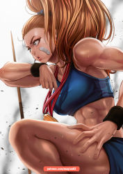 Rule 34 | 1girl, abs, bandages, bandage on face, bandaid, bare shoulders, blue eyes, blue scrunchie, blue sports bra, breasts, brown hair, captain mizuki, earrings, from side, high ponytail, jewelry, long hair, magion02, medal, medium breasts, midriff, muscular, muscular female, one-punch man, ponytail, scrunchie, solo, sports bra, sweat, thighs, toned, wristband