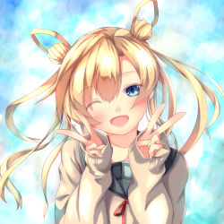 Rule 34 | 1girl, abukuma (kancolle), blonde hair, blue background, blue eyes, blush, boots, double bun, double v, eyes visible through hair, hair between eyes, hair rings, hands up, head tilt, kantai collection, kei (pixiv2548624), long hair, long sleeves, looking at viewer, one eye closed, open mouth, red ribbon, ribbon, school uniform, serafuku, sidelocks, smile, solo, sweater, twintails, v, wink