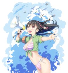 Rule 34 | 1girl, :d, armband, bikini, black hair, breasts, cleavage, collared shirt, cowboy shot, crop top, cropped, cropped shirt, floating hair, front-tie top, green shirt, hair between eyes, hands up, highres, holding, kantoku, legs together, medium breasts, megaphone, multicolored hair, navel, non-web source, open mouth, original, outstretched arm, pink eyes, pink hair, scan, shirt, short sleeves, side-tie bikini bottom, sleeves rolled up, smile, solo, standing, stomach, streaked hair, striped bikini, striped clothes, swimsuit, teeth, two-tone hair, upper teeth only, wind