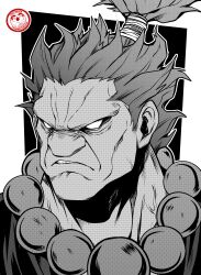 Rule 34 | 1boy, absurdres, akuma (street fighter), angry, artist logo, bead necklace, beads, border, cheekbones, clenched teeth, commentary, english commentary, federico freschi, furrowed brow, greyscale, grimace, highres, jewelry, male focus, mature male, monochrome, muscular, muscular male, necklace, no pupils, portrait, short hair, solo, street fighter, teeth, topknot, upper body, veiny neck