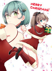 Rule 34 | 2girls, aqua hair, blue eyes, brown hair, capelet, dress, from behind, fur-trimmed capelet, fur-trimmed dress, fur trim, gift, hair ornament, hairclip, kantai collection, kumano (kancolle), long hair, merry christmas, multiple girls, official alternate costume, ponytail, red capelet, red dress, suzuya (kancolle), teramoto kaoru, white background
