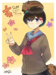 Rule 34 | 1girl, 2019, animal, animal on head, arm behind back, bad id, bad pixiv id, black hair, black skirt, blue sailor collar, blush, boar, brown cardigan, cardigan, closed mouth, commentary request, cowboy shot, flower, gradient background, hair between eyes, hair ornament, hairclip, hand up, happy new year, heart, heart hair ornament, long sleeves, looking at viewer, mole, mole under eye, neckerchief, new year, on head, original, pleated skirt, red neckerchief, sailor collar, short hair, signature, skirt, smile, solo, tareme, umasanjin, yellow background