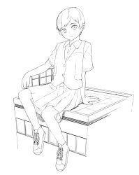 Rule 34 | 1girl, buttons, collared shirt, female focus, full body, highres, looking at viewer, monochrome, no socks, original, pleated skirt, satsuyo, shirt, shoes, short hair, short sleeves, simple background, sitting, sketch, skirt, sneakers, solo, vest, white background