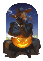 Rule 34 | 1boy, bad id, bad pixiv id, beard, bow (weapon), brown eyes, brown hair, cassidy (overwatch), cigar, cowboy hat, crossbow, facial hair, halloween, hat, highres, indian style, jack-o&#039;-lantern, male focus, night, night sky, overwatch, overwatch 1, sgyqanna, sitting, sky, smoke, solo, star (sky), starry sky, weapon