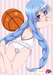 Rule 34 | 10s, 1girl, ass, ball, barefoot, basketball, basketball (object), blue hair, blush, braid, casual one-piece swimsuit, feet, frilled swimsuit, frills, glasses, legs up, light smile, long hair, looking back, lying, mizuki makoto, nagatsuka saki, on stomach, one-piece swimsuit, purple eyes, rou-kyuu-bu!, soles, solo, striped, striped background, swimsuit, the pose, twin braids, vertical stripes, very long hair, white one-piece swimsuit