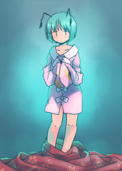 Rule 34 | 1girl, alternate costume, antennae, aqua background, backlighting, baggy clothes, blush, bow, bowtie, closed mouth, collarbone, collared shirt, contrapposto, cosplay, dark, dark background, expressionless, floral print, full body, glowing, green hair, hands up, houraisan kaguya, houraisan kaguya (cosplay), legs apart, light, long sleeves, looking at viewer, no nose, no pants, oversized clothes, pink shirt, print skirt, rangycrow, red skirt, shirt, short hair, simple background, skirt, unworn skirt, sleeves past fingers, sleeves past wrists, solo, standing, touhou, vignetting, white bow, white bowtie, wide sleeves, wing collar, wriggle nightbug, | |